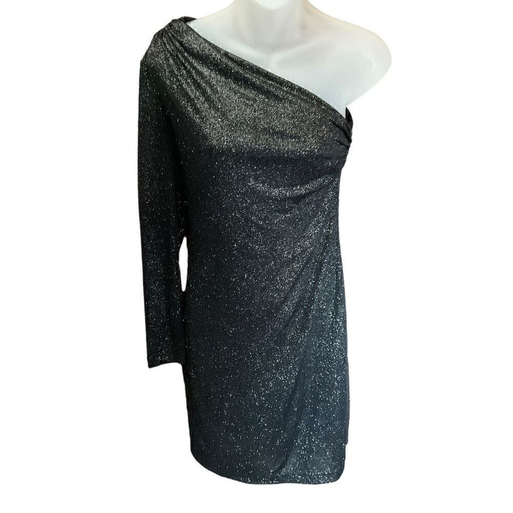 Allen B by Allen Schwartz Black Sparkle One-Sleeve Mini Glitter Party Dress XS